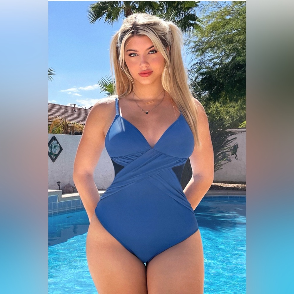 Blue One-Piece Swimsuit with Black Side Panels